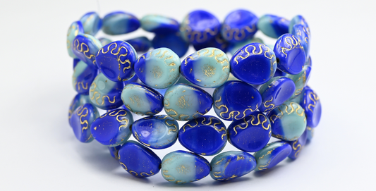 Tear Oval Pressed Glass Beads, Mixed Colors Blue Gold Lined (MIX-BLUE-54202), Glass, Czech Republic