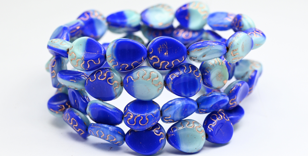 Tear Oval Pressed Glass Beads, Mixed Colors Blue Copper Lined (MIX-BLUE-54200), Glass, Czech Republic