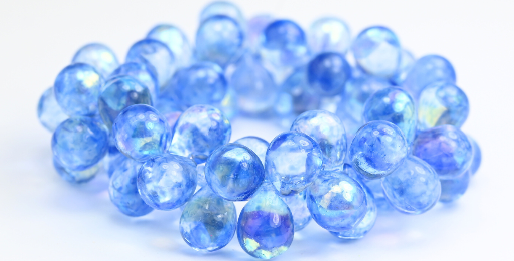 Pear Teardrop Pressed Glass Beads, Crystal Light Blue Ab (00030-34307-AB), Glass, Czech Republic