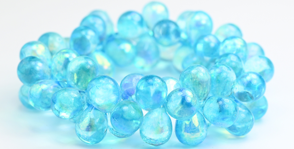 Pear Teardrop Pressed Glass Beads, Crystal Light Aqua Blue Ab (00030-34308-AB), Glass, Czech Republic