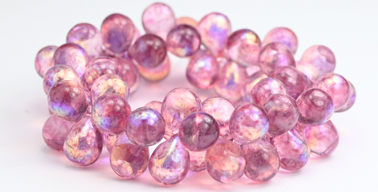 Pear Teardrop Pressed Glass Beads, Crystal Light Fuchsia Pink Ab (00030-34306-AB), Glass, Czech Republic