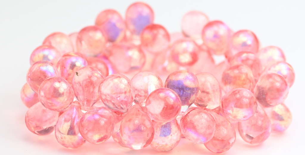 Pear Teardrop Pressed Glass Beads, Crystal Light Pink Ab (00030-34304-AB), Glass, Czech Republic