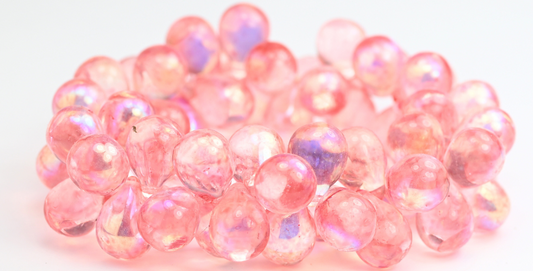 Pear Teardrop Pressed Glass Beads, Crystal Light Pink Ab (00030-34304-AB), Glass, Czech Republic