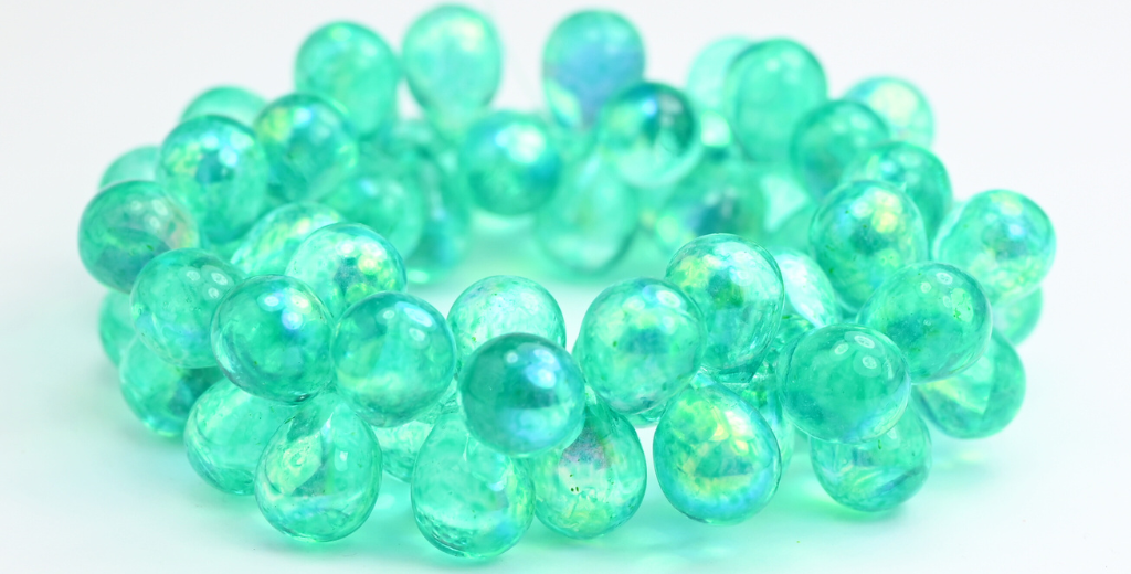 Pear Teardrop Pressed Glass Beads, Crystal Light Turquoise Ab (00030-34309-AB), Glass, Czech Republic