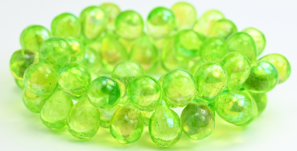 Pear Teardrop Pressed Glass Beads, Crystal Light Green Ab (00030-34310-AB), Glass, Czech Republic