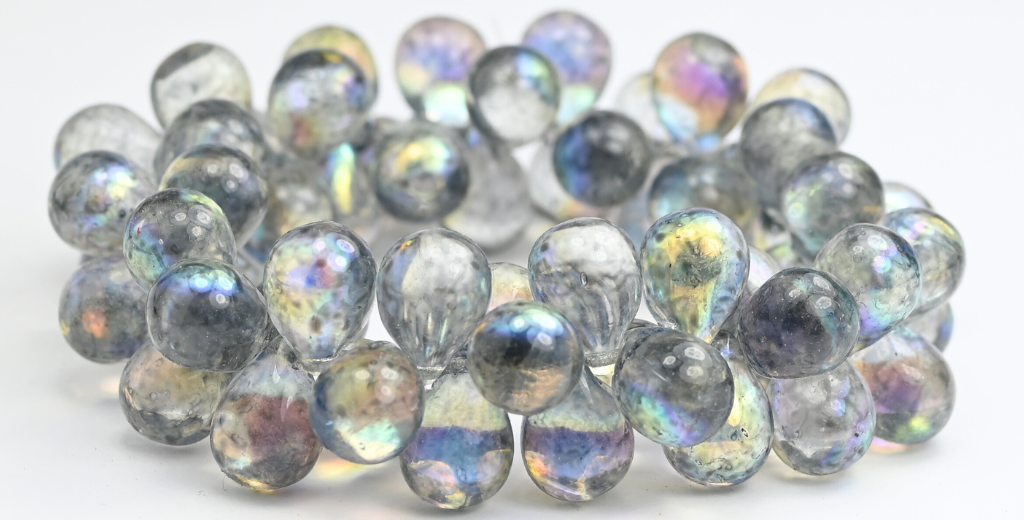 ペアティアドロッププレスガラスビーズ、クリスタルライトグレーAB（00030-34311-AB）、ガラス、チェコ共和国