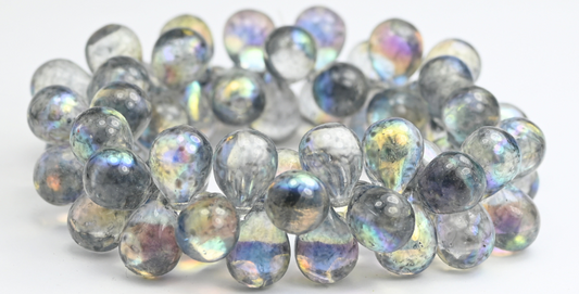 ペアティアドロッププレスガラスビーズ、クリスタルライトグレーAB（00030-34311-AB）、ガラス、チェコ共和国