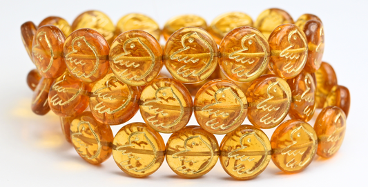 Round Flat Beads With Bird, Topaz Gold Lined (10070-54202), Glass, Czech Republic