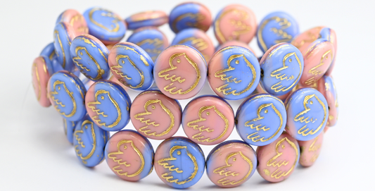 Round Flat Beads With Bird, Mix Blue Pink Opaque Gold Lined (37724-54202), Glass, Czech Republic