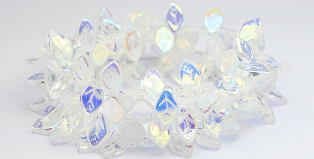 Leaf Pressed Glass Beads With Dots, Crystal Ab (00030-AB), Glass, Czech Republic