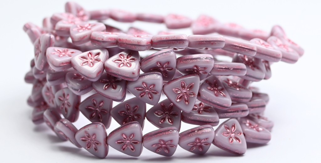 三角形扁平花朵压制玻璃珠，丝绸薰衣草粉色内衬 (24010-54321)，玻璃，捷克共和国