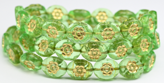 Oval Pressed Glass Beads With Flowers, Transparent Green Gold Lined (50520-54202), Glass, Czech Republic