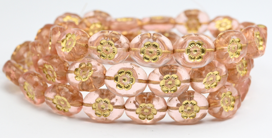 Oval Pressed Glass Beads With Flowers, Transparent Pink Gold Lined (70110-54202), Glass, Czech Republic