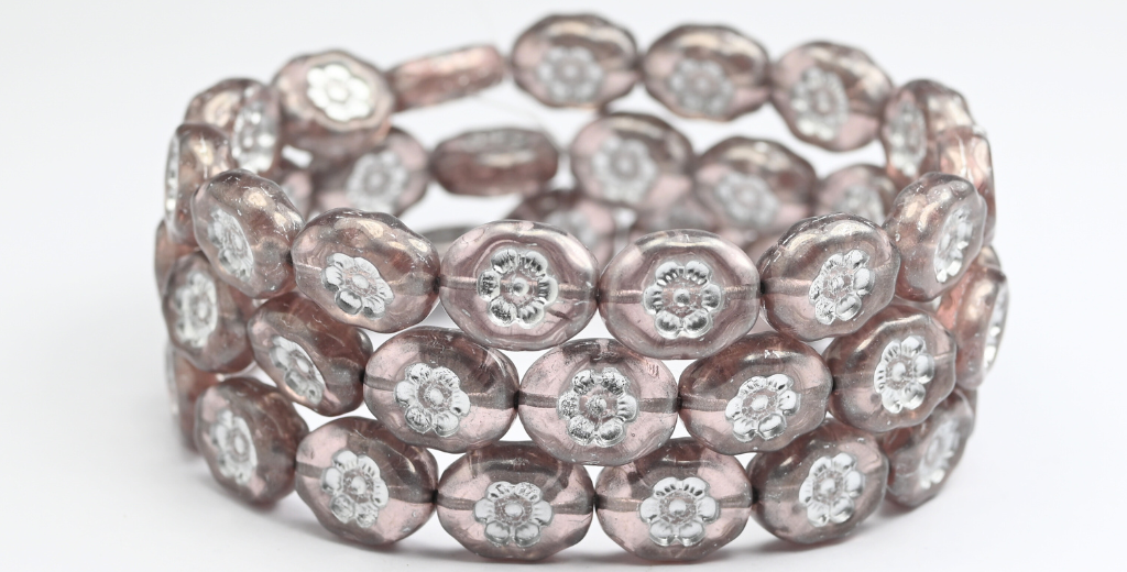 椭圆形压制玻璃珠配花朵，透明浅紫水晶银衬里（20020-54201），玻璃，捷克共和国