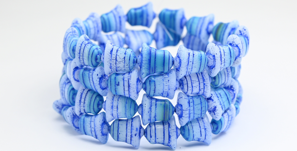Flat Bell Beads, Mixed Colors Blue Blue Lined (MIX-BLUE-43430), Glass, Czech Republic