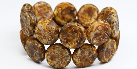 Round Flat With Flower Marguerite Pressed Glass Beads, Silk Lavender Travertin (24010-86800), Glass, Czech Republic