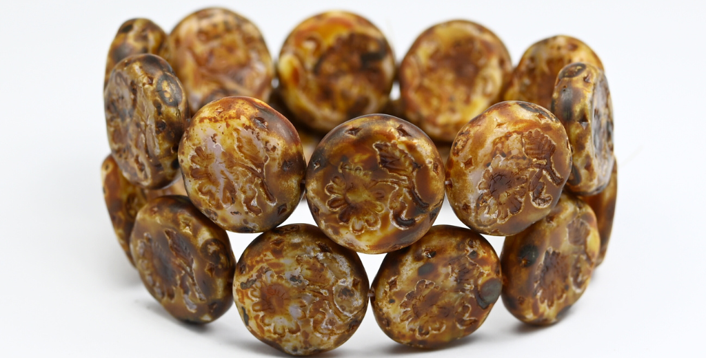 OUTLET 10 grams Round Flat With Flower Marguerite Pressed Glass Beads, 18 x 18 mm, Silk Lavender Travertin (24010-86800), Glass, Czech Republic