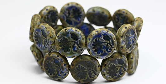 丸型フラットフラワー付きマーガレットプレスガラスビーズ、ブルーアンティーク（BLUE-ANTIQUE）、ガラス、チェコ共和国