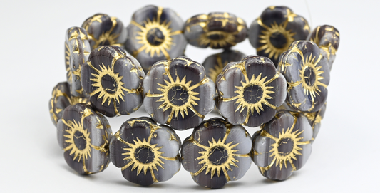 丸型フラットフラワー押しガラスビーズ、15014 ゴールドライン (15014-54202)、ガラス、チェコ共和国