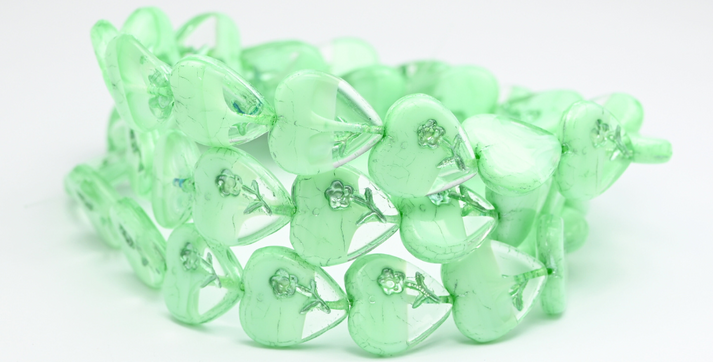 OUTLET 10 grams Heart Beads with Flower, 16 x 17 mm, Teal Green Lined (56218-54322), Glass, Czech Republic