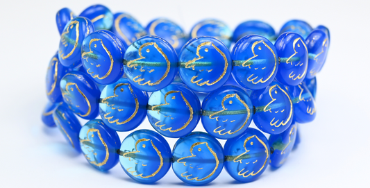 Round Flat Beads With Bird, Light Blue 6006 Gold Lined (6001-6006-54202), Glass, Czech Republic