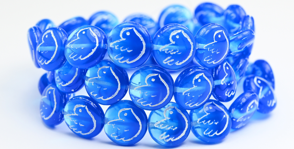 圆形扁珠饰小鸟，浅蓝色 6006 白色内衬 (6001-6006-46401)，玻璃，捷克共和国