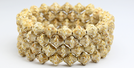 アウトレット 10グラム ランタンプレスガラスビーズ、11 x 11 mm、ホワイト86ゴールドライン（02010-86-54202）、ガラス、チェコ共和国