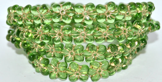 花朵压花玻璃珠，透明绿金衬里（50410-54202），玻璃，捷克共和国