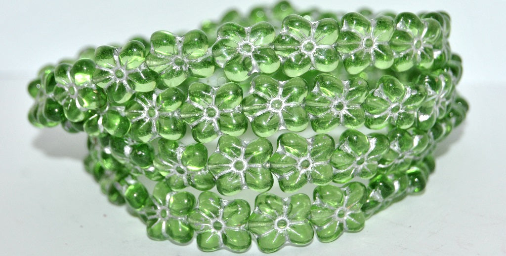 花朵压花玻璃珠，透明绿色银衬里（50410-54201），玻璃，捷克共和国