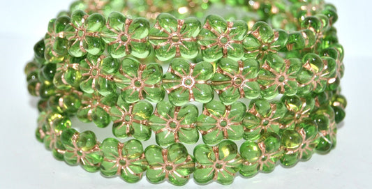Flower Pressed Glass Beads, Transparent Green Copper Lined (50410-54200), Glass, Czech Republic