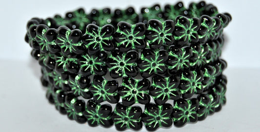 花型押しガラスビーズ、ブラックグリーン（23980-43813）、ガラス、チェコ共和国