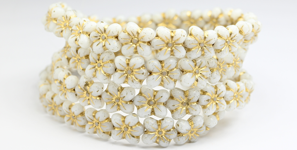 Flower Pressed Glass Beads, White Gold Lined (02010B-54302), Glass, Czech Republic