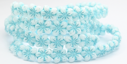 花型押しガラスビーズ、ホワイトライトブルーライン入り（02010-54308）、ガラス、チェコ共和国