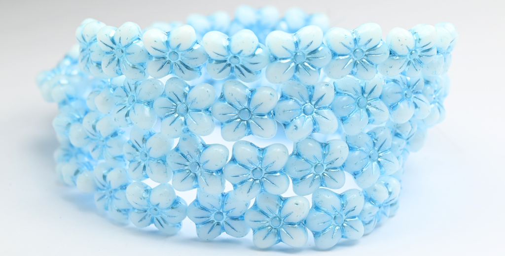 Flower Pressed Glass Beads, White Blue Lined (02010-54323), Glass, Czech Republic