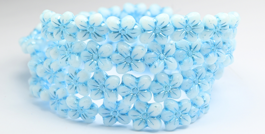 花朵压花玻璃珠，白色蓝色内衬（02010-54323），玻璃，捷克共和国
