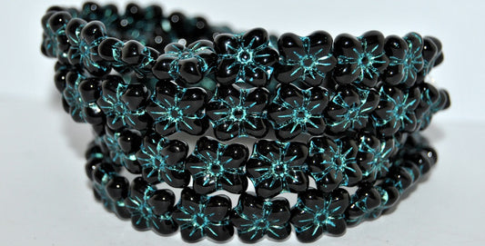 Flower Pressed Glass Beads, Black Light Blue Lined (23980-43811), Glass, Czech Republic