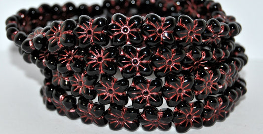 Flower Pressed Glass Beads, Black Copper Lined (23980-43806), Glass, Czech Republic