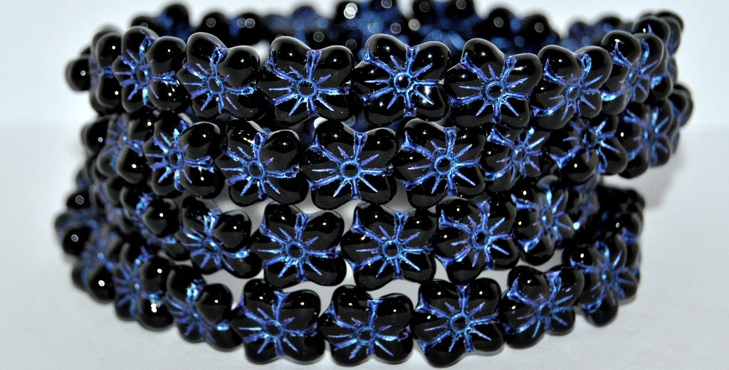 花朵压花玻璃珠，黑色蓝色紫色内衬 (23980-43809)，玻璃，捷克共和国