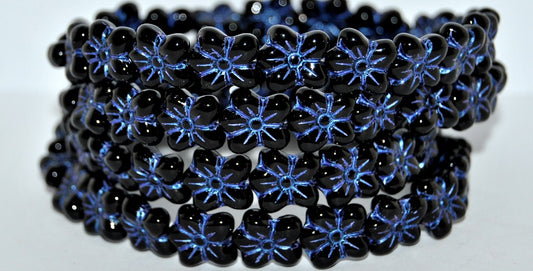 花朵压花玻璃珠，黑色蓝色紫色内衬 (23980-43809)，玻璃，捷克共和国