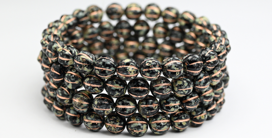 Melon Round Pressed Glass Beads With Stripes, Black Travertin Copper Lined (23980-86800-54200), Glass, Czech Republic