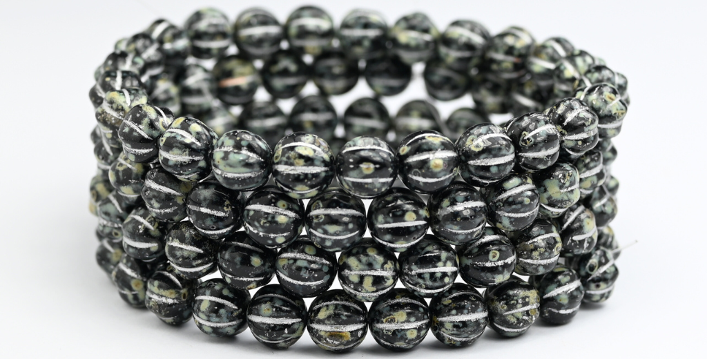 Melon Round Pressed Glass Beads With Stripes, Black Travertin Silver Lined (23980-86800-54201), Glass, Czech Republic