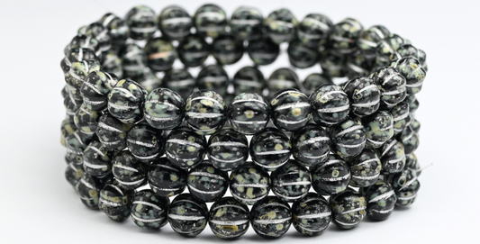 Melon Round Pressed Glass Beads With Stripes, Black Travertin Silver Lined (23980-86800-54201), Glass, Czech Republic