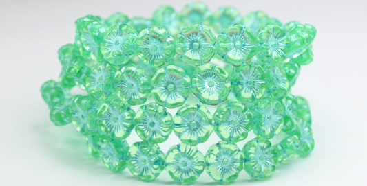 夏威夷花压制玻璃珠，透明绿蓝色内衬 (50800-54323)，玻璃，捷克共和国