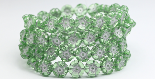 ハワイの花の押しガラスビーズ、透明グリーン、シルバーライン（50800-54201）、ガラス、チェコ共和国