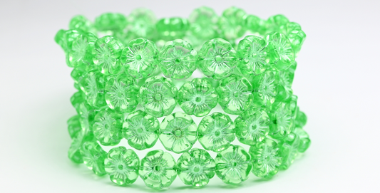 Hawaii Flower Pressed Glass Beads, Transparent Green Green Lined (50800-54322), Glass, Czech Republic
