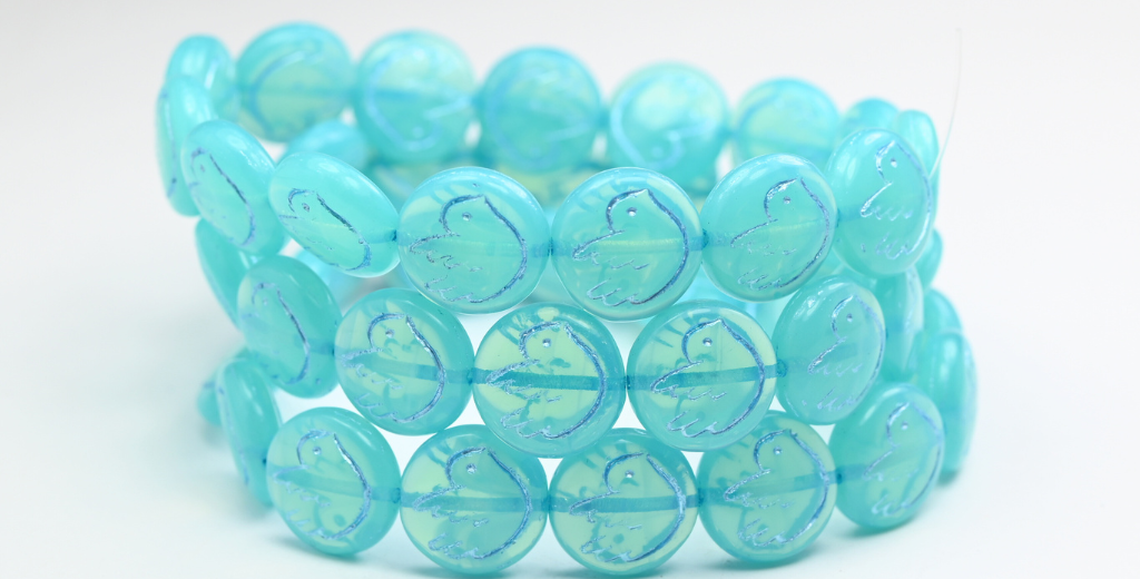 Round Flat Beads With Bird, Opal Aqua Blue Lined (61010-54323), Glass, Czech Republic