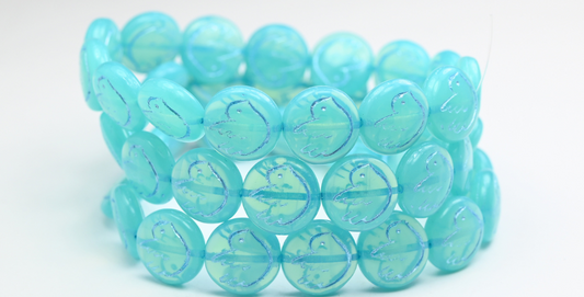 Round Flat Beads With Bird, Opal Aqua Blue Lined (61010-54323), Glass, Czech Republic