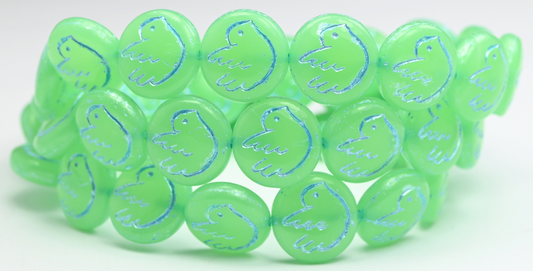 Round Flat Beads With Bird, Opal Green Blue Lined (51010-54323), Glass, Czech Republic