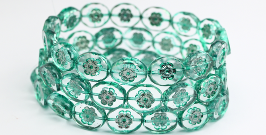 テーブルカットオーバルビーズ（花付き）、クリスタル 34319 (00030-34319)、ガラス、チェコ共和国