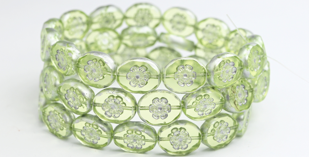 テーブルカットオーバルビーズ（花柄）、透明イエローシルバースプラッシュ（80120-86700）、ガラス、チェコ共和国